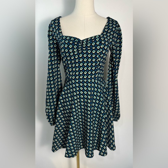 band of the free Dresses & Skirts - NWT Band Of The Free BOG Genevieve Teal Diamond Puff Sleeve Mini Dress Size XS L